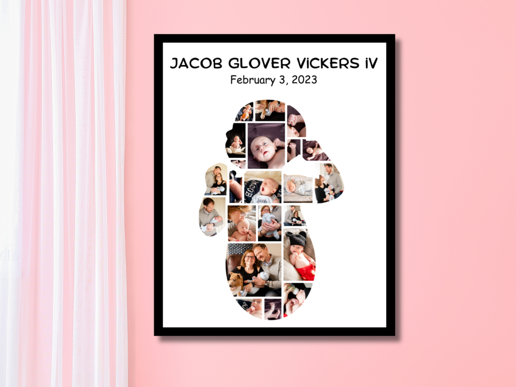 Photo Collage in the shape of a baby on the wall with photos of a young baby and his parents
