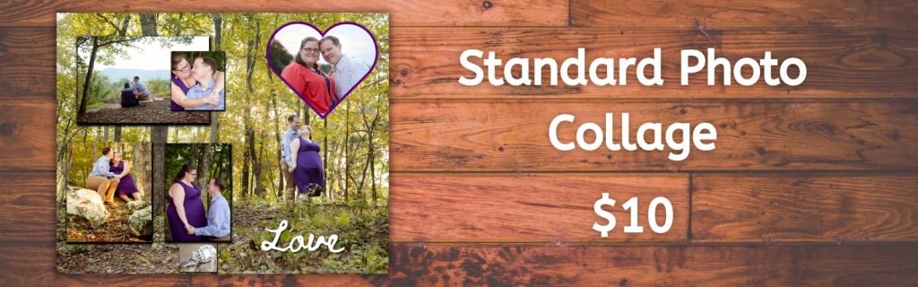 A photo collage on a table with photos of a happily engaged couple and the words Standard Photo Collage $10.