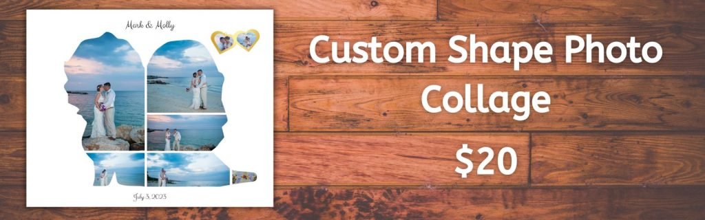A photo collage in the shape of a bride and groom with photos of a bride and groom on their wedding day and the words: Custom Shape Photo Collage $20.