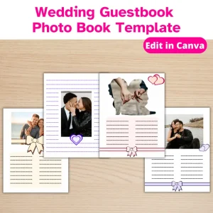 4 wedding guestbook pages with hearts and bows and engagement photos of different happy couples overlapping on a desk,