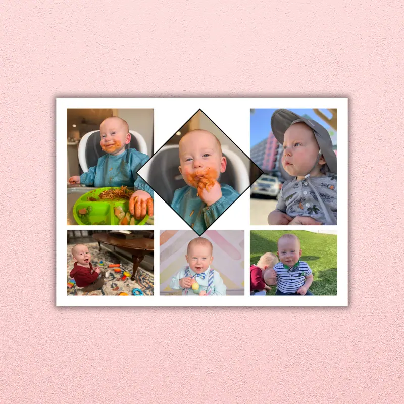 a 7 x 5 inch baby photo collage hanging on a wall