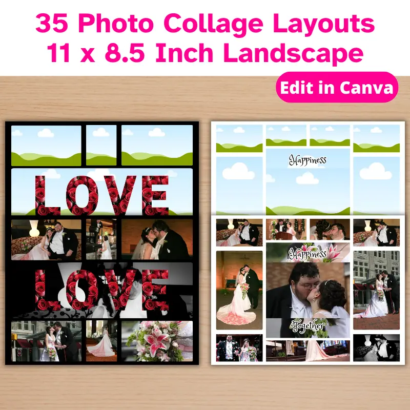 2 wedding photo collages with photos of a happy couple overlaying the 2 original templates that were used to create them. One collage has the word love in red roses and has a black background. The other has a white background and the words happiness together.