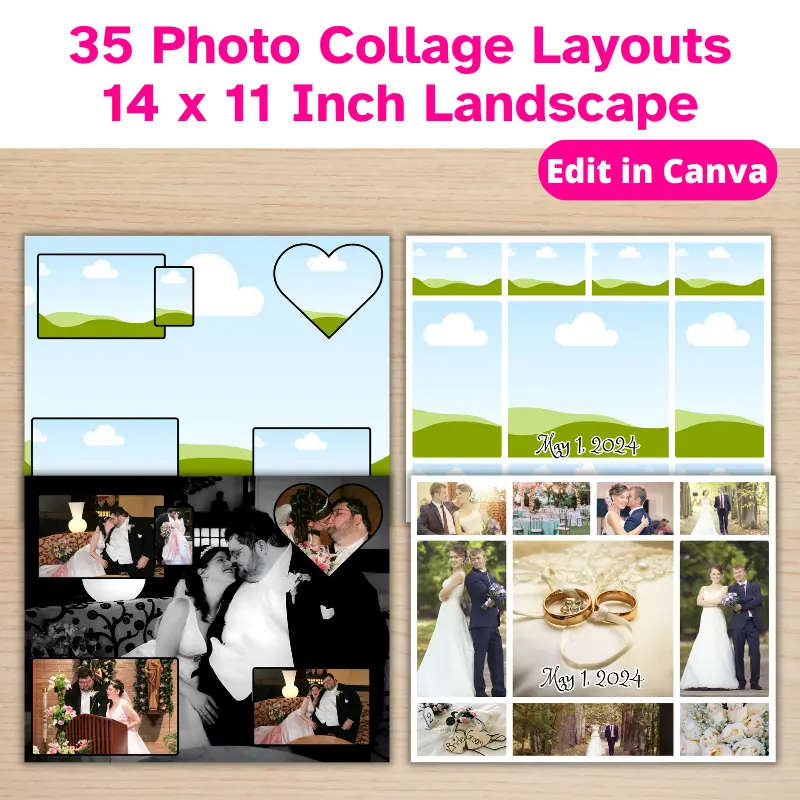 2 photo collage templates with matching completed designs overlapping them in front of a dark wood background. There is a banner that says 35 photo collage layouts, 14 x 11 inch landscape. Edit in Canva.