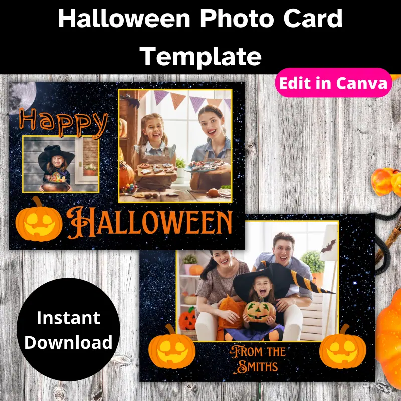 2 Halloween photo cards slightly overlapping on a table with Halloween decor. The cards feature 3 photos, pumpkins, and say Happy Halloween and From the Smiths in a fun font. There is a night sky with a full moon in the background.