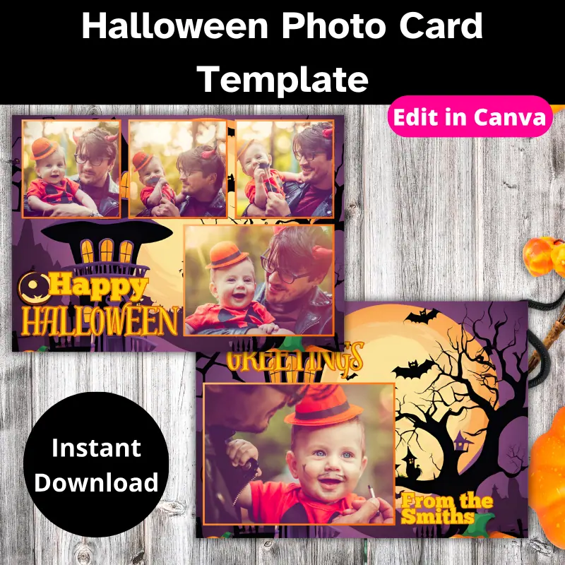 2 Halloween photo cards slightly overlapping on a table with Halloween decor. The cards feature 5 photos of a father and son in front of a cartoon spooky background with the words happy halloween, spooky greetings and from the smiths between them.