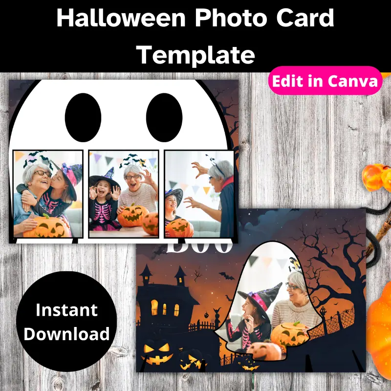 2 Halloween ghost photo cards slightly overlapping on a table with Halloween decor. The cards feature 4 festive photos. One has 3 photos in front of a ghost close up. One has a photo in the shape of a ghost and says boo with a spooky background.