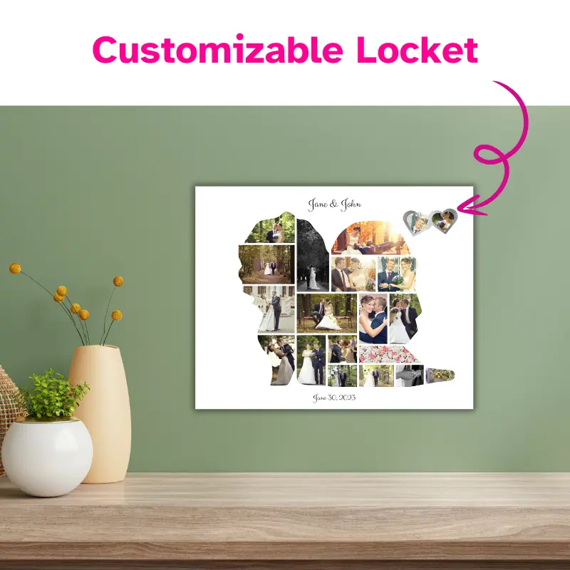 wedding photo collage in kitchen