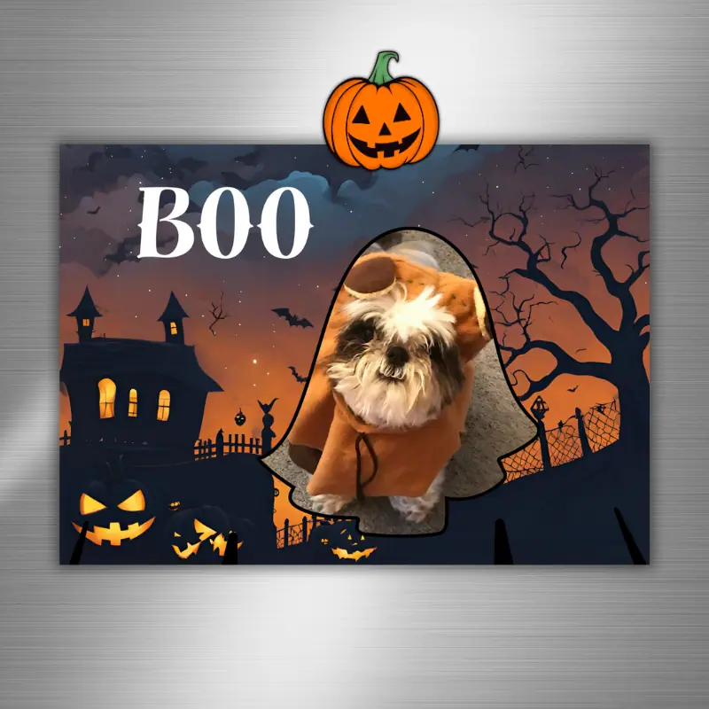 Ghost Halloween photo card on fridge