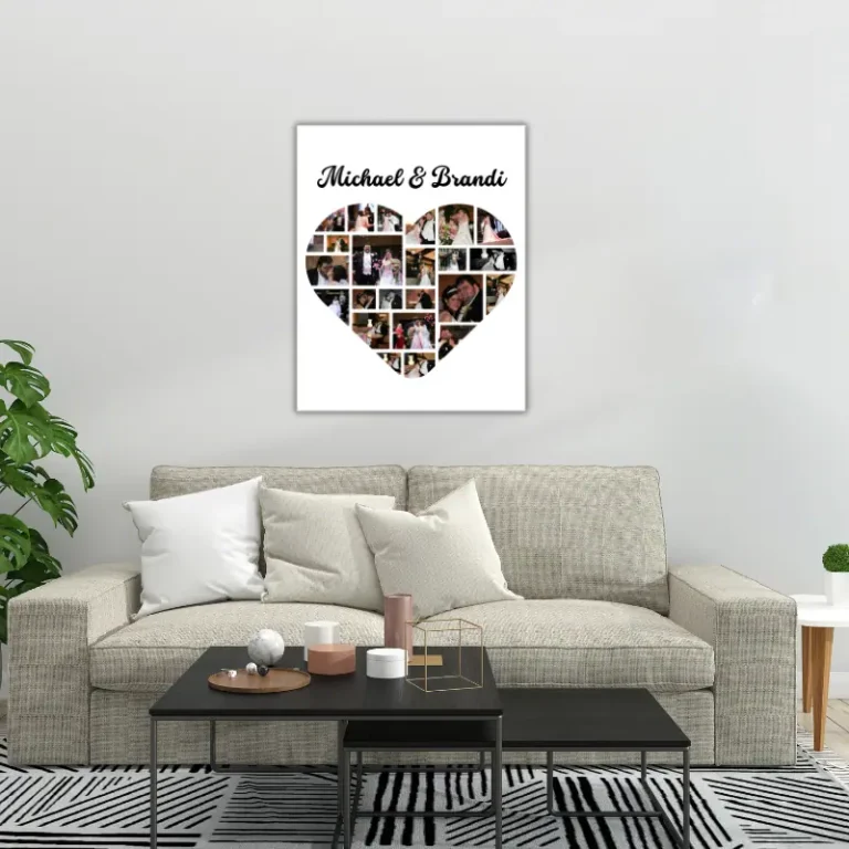 Large wall hanging of a wedding photo collage in the shape of a heart