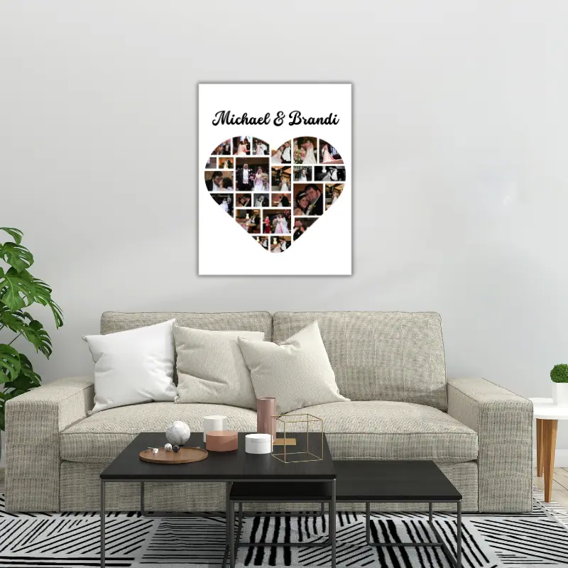 Large wall hanging of a wedding photo collage in the shape of a heart