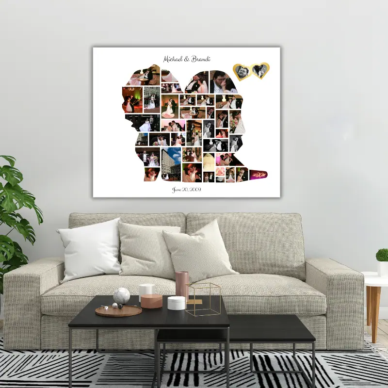 Wedding photo collage above couch