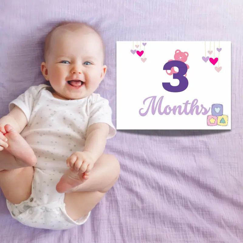 3 month old baby with editable printable milestone card