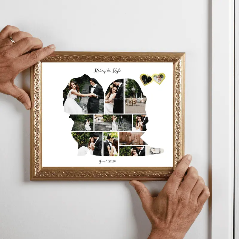 wedding photo collage being hung up