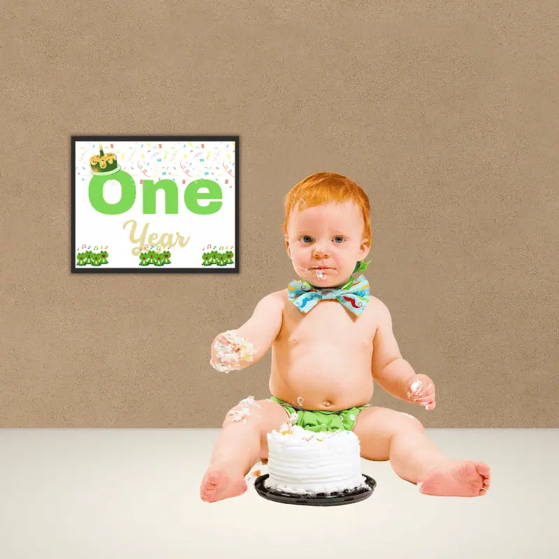 one year old baby with an editable one year milestone card