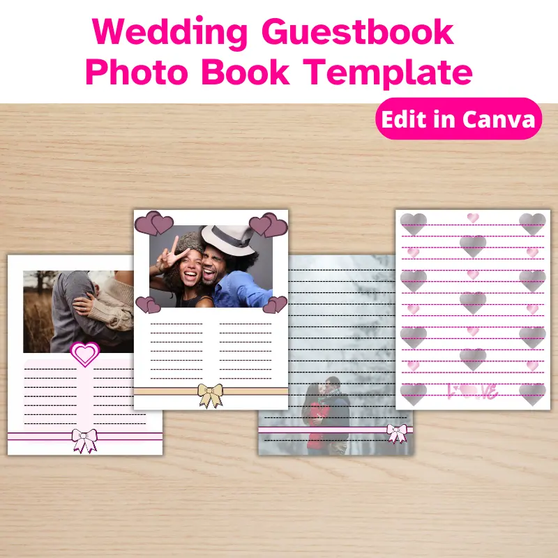 4 wedding guestbook pages with engagement photos of different happy couples overlapping on a desk