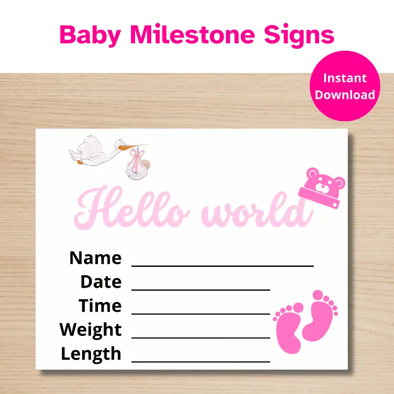a printable baby milestone card for the day the baby is born. It says hello world, has a stork and a pink baby hat in the shape of a bear.