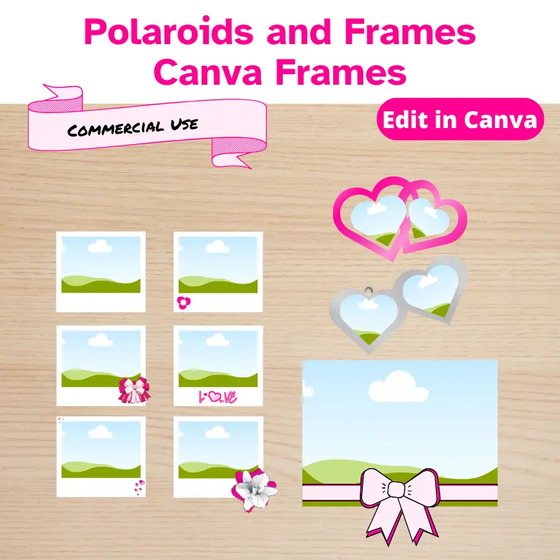 Polaroids and frames canva frames. 6 different canva polaroid frames with bows and flowers featured with 2 heart locket canva frames and a photo frame with a bow wrapped around it. commercial use allowed.