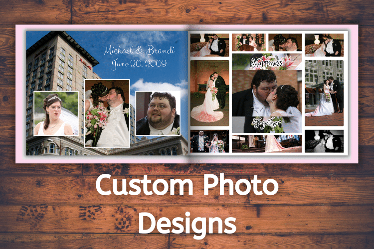 a wedding photo album open with many photos of the happy couple laying on a table. Custom Photo Designs