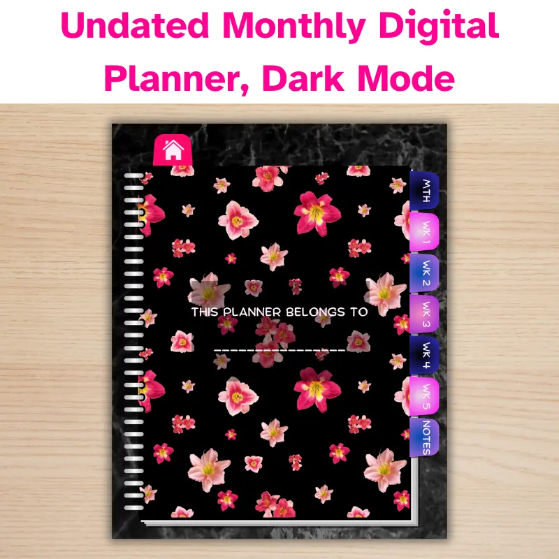 Undated, monthly digital planner displaying the belongs to page. The planner is black with pink lilies and soft pink text. The hyperlinked tabs are in shades of pink and purple.
