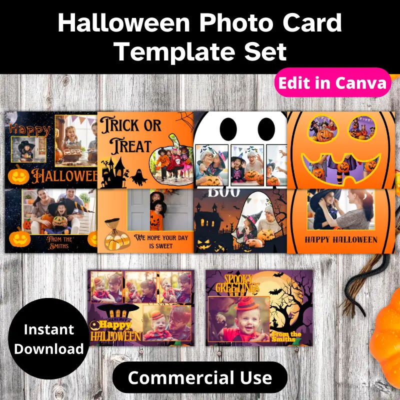5 Double sided Halloween photo cards displayed on a table. The cards are filled with a variety of holiday themes like pumpkins, ghosts, candy, and spooky houses. Commercial Use allowed