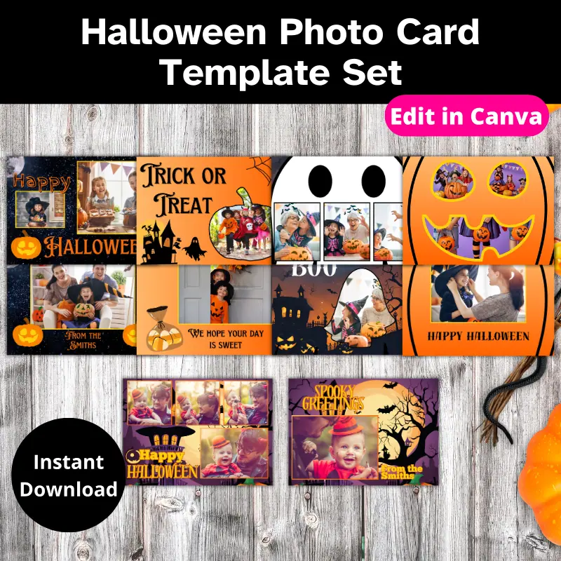 5 Double sided Halloween photo cards displayed on a table. The cards are filled with a variety of holiday themes like pumpkins, ghosts, candy, and spooky houses.