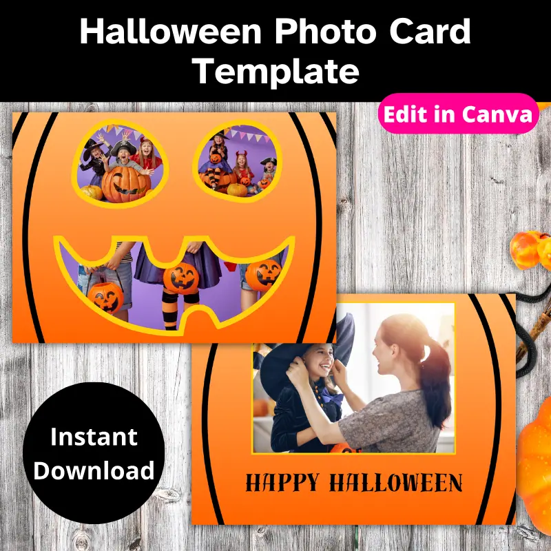 2 orange Halloween photo cards slightly overlapping on a table with Halloween decor. The cards feature 4 festive photos. 3 photos form the shape of a jack o lantern face one the front and there is a large photo on the back and says happy Halloween.