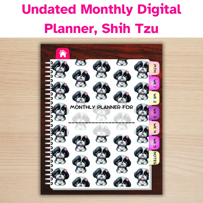 Undated Monthly Digital Planner, Shih Tzu