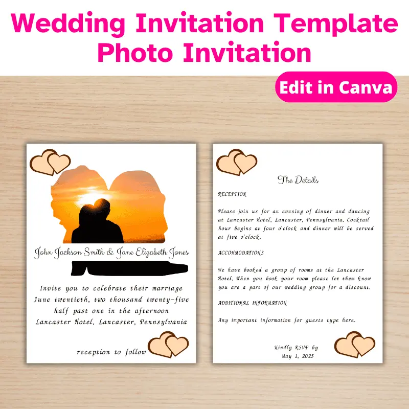 a 2 page wedding invitation with a photo in the shape of a bride and groom silhouette. Edit in Canva.