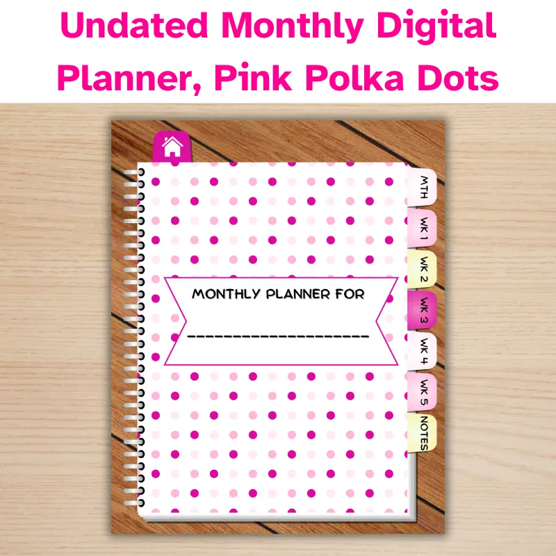 Undated, monthly digital planner displaying the belongs to page. The planner is white with shades of pink polka dots. It has pink and yellow hyperlinked tabs.
