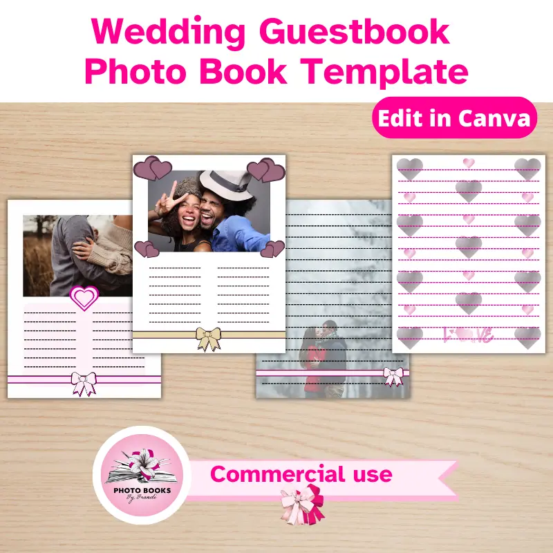 4 wedding guestbook pages with engagement photos of different happy couples overlapping on a desk, commercial use allowed