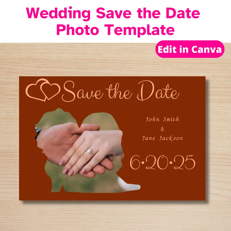A wedding save the date with a photo of an engaged couple's hands close up in the silhouette of a bride and groom. There are 2 hearts overlapped in the corner.