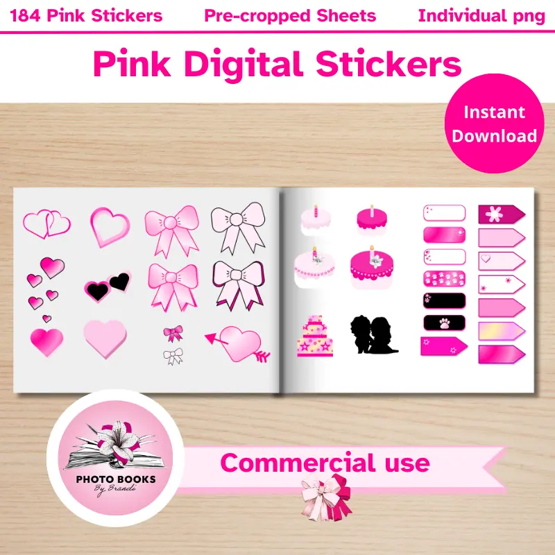 A variety of pink digital stickers on blank pages. Hearts, bows, cakes, labels and tape. commercial use allowed
