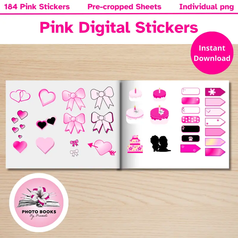 A variety of pink digital stickers on blank pages. Hearts, bows, cakes, labels and tape.