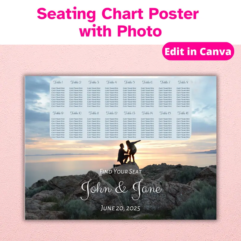 Seating chart poster with photo. A Poster hung on a wall that displays a full page photo from a engagement shoot with guest names on the top of the poster.