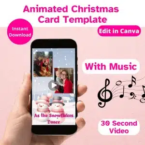 A 30 second Christmas Video playing on a phone with festive music. Instant Download. Edit in Canva. Animated Christmas Card Template.