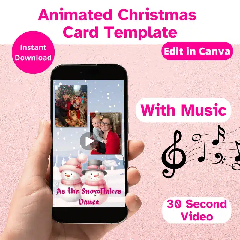 A 30 second Christmas Video playing on a phone with festive music. Instant Download. Edit in Canva. Animated Christmas Card Template.
