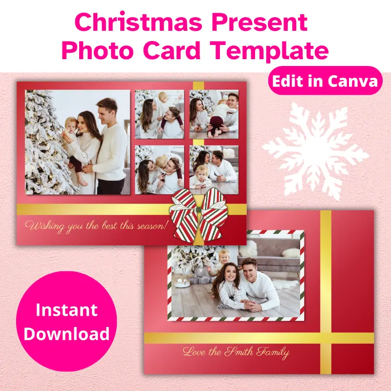 Double-sided Christmas Photo Card Template designed to look like a Christmas present. It's red with a gold ribbon and has a red, white, and green bow. Edit in Canva