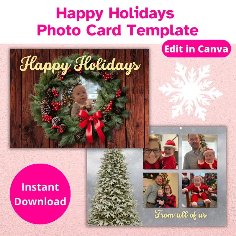 A double sided holiday photo card with 5 family photos. There is a wreath on a door with one photo behind it on one side and the other has a Christmas tree with 4 photos beside it. Edit in Canva.
