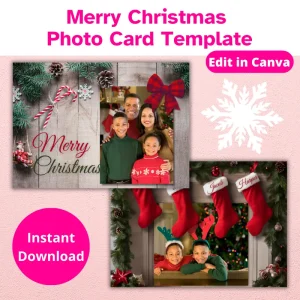 Double sided Christmas card that says Merry Christmas with decorations and a bow in the corner of the photo on the front and the back has stockings hanging on a mantle with names on them in front of a photo of two children peaking out of the fireplace. Edit in Canva.