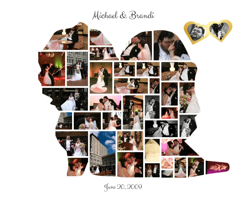 A photo colage of a happy couple on their wedding day with beautiful photos on the beach. The collage is in the shape of a chibi bride and groom.