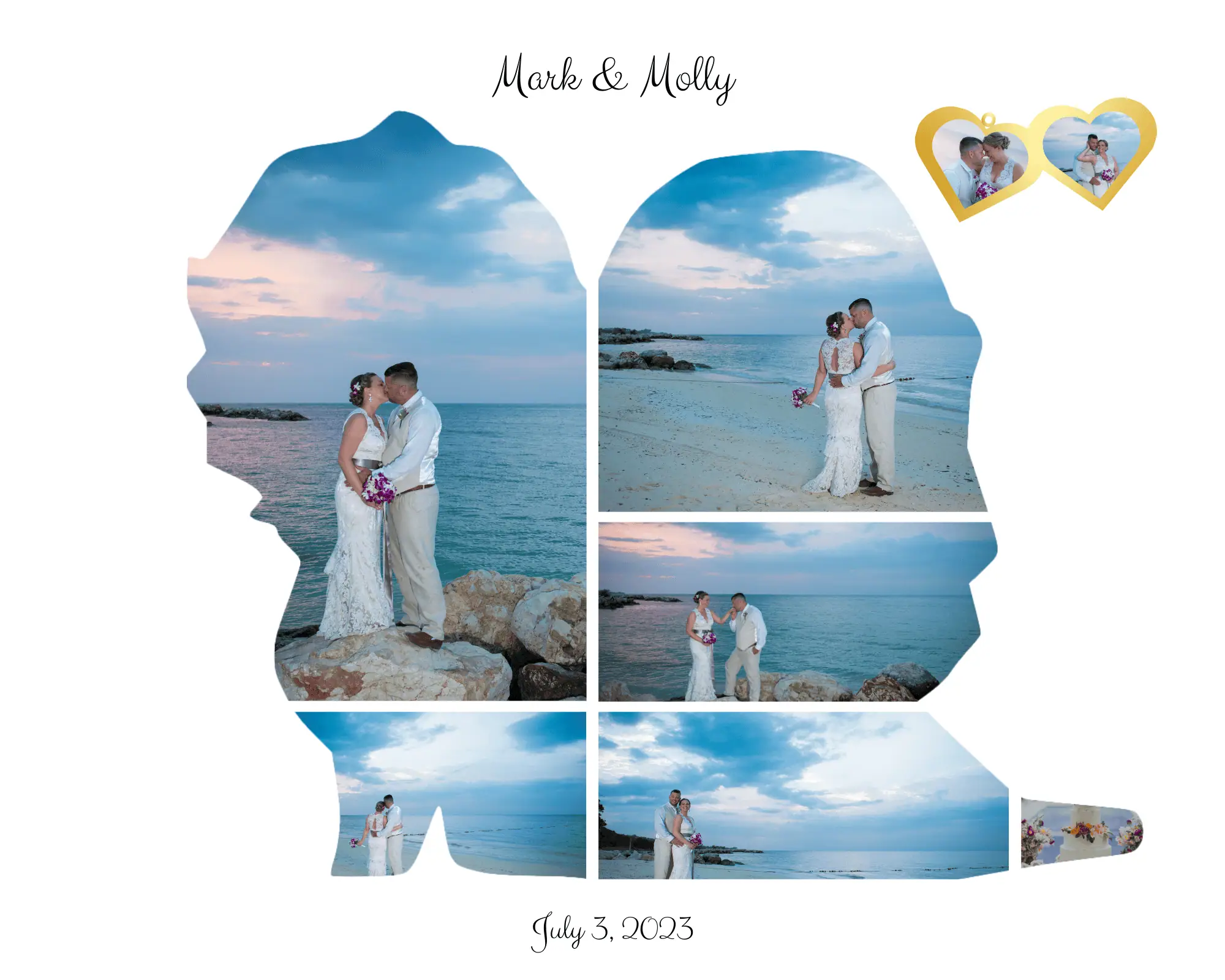 A photo colage of a happy couple on their wedding day with beautiful photos on the beach. The collage is in the shape of a chibi bride and groom.