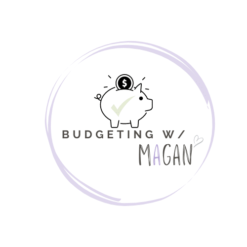 a piggy bank with a checkmark and the words budgeting with Magan and a purple circle around them