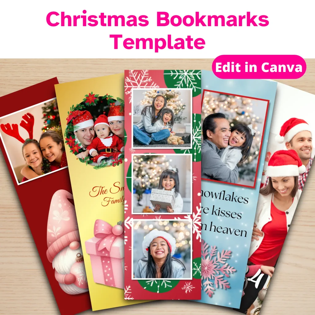 5 Christmas bookmarks featuring family photos and festive decorations