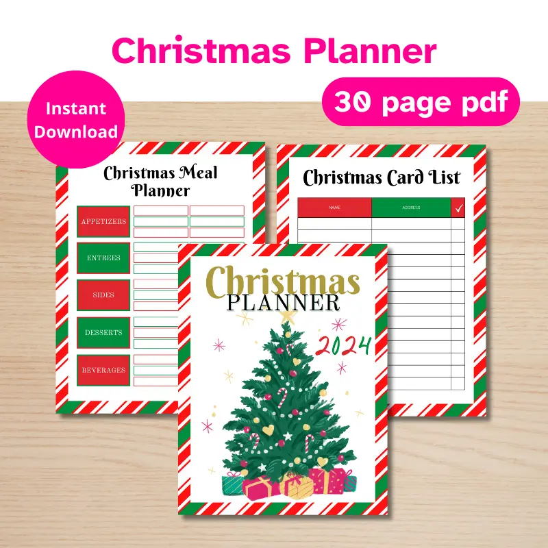 3 printed pages from a Christmas planner overlapping on a desk. 30 page pdf