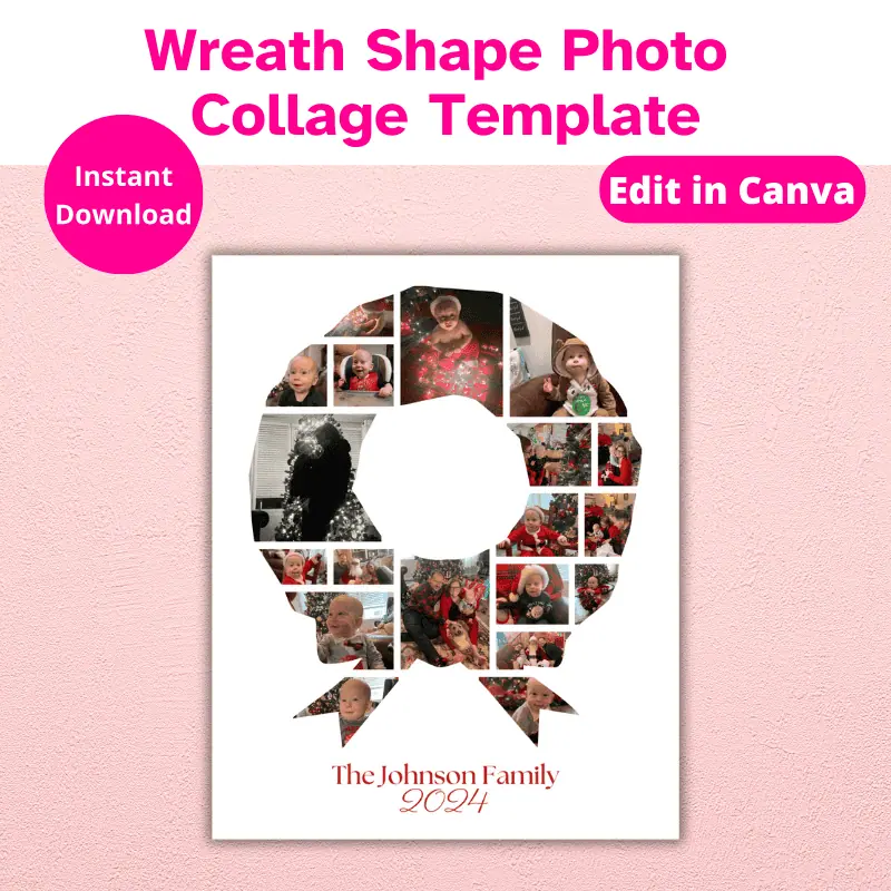 A Christmas photo collage in the shape of a wreath, filled with photos of a baby's first Christmas. Edit in Canva.