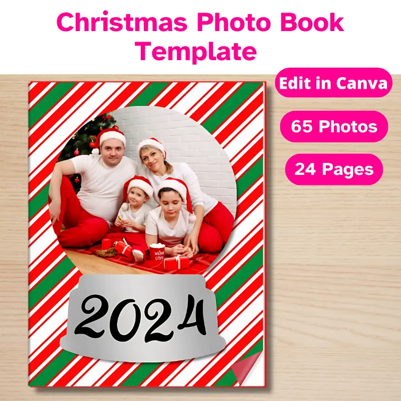 A Christmas Photo Book with a photo styled like a snow globe, the year 2024, and a festive candy cane inspired pattern.