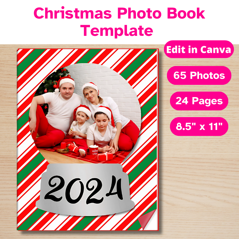 A 24 page Christmas Photo Book with a photo styled like a snow globe, the year 2024, and a festive candy cane inspired pattern. Edit in Canva.