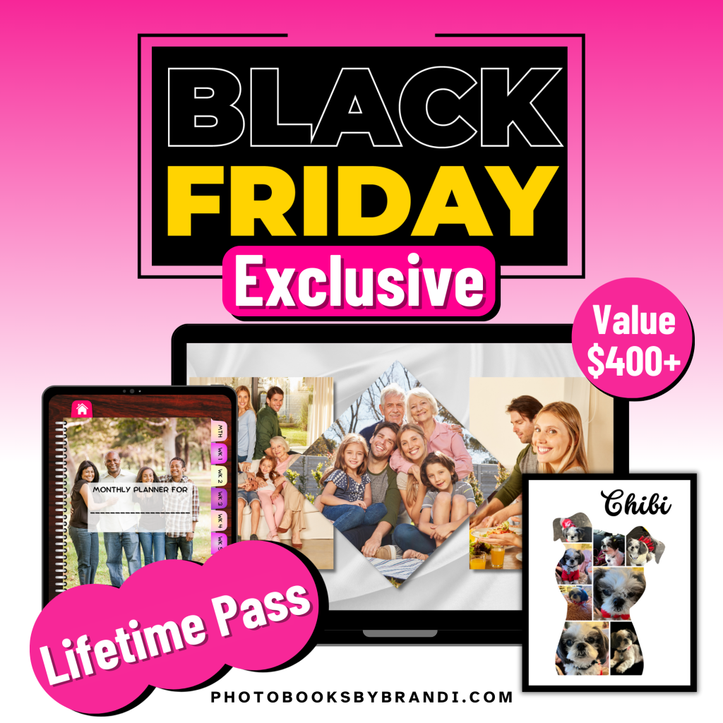 Black Friday Exclusive, Lifetime Pass. $400+ Value. A tv playing a family slideshow, an undated monthly, digital planner with family photos displayed on a tablet, and a framed photo collage in the shape of a dog filled with photos of a black and white shih tzu.