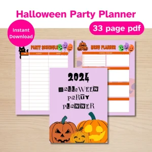3 printed pages from a Halloween party planner overlapping on a desk. 33 page pdf
