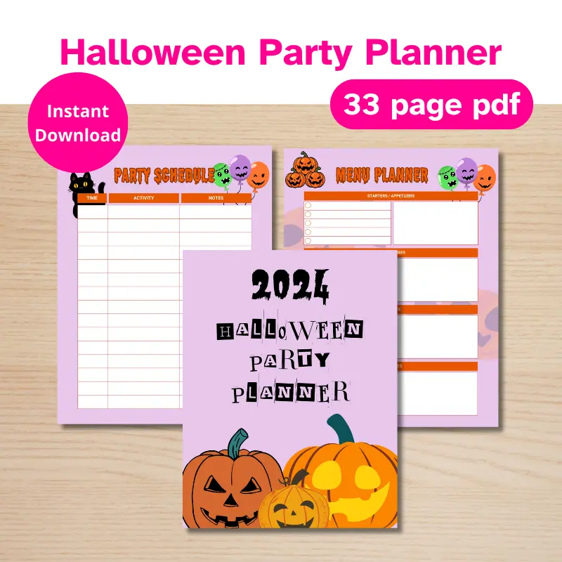 3 printed pages from a Halloween party planner overlapping on a desk. 33 page pdf